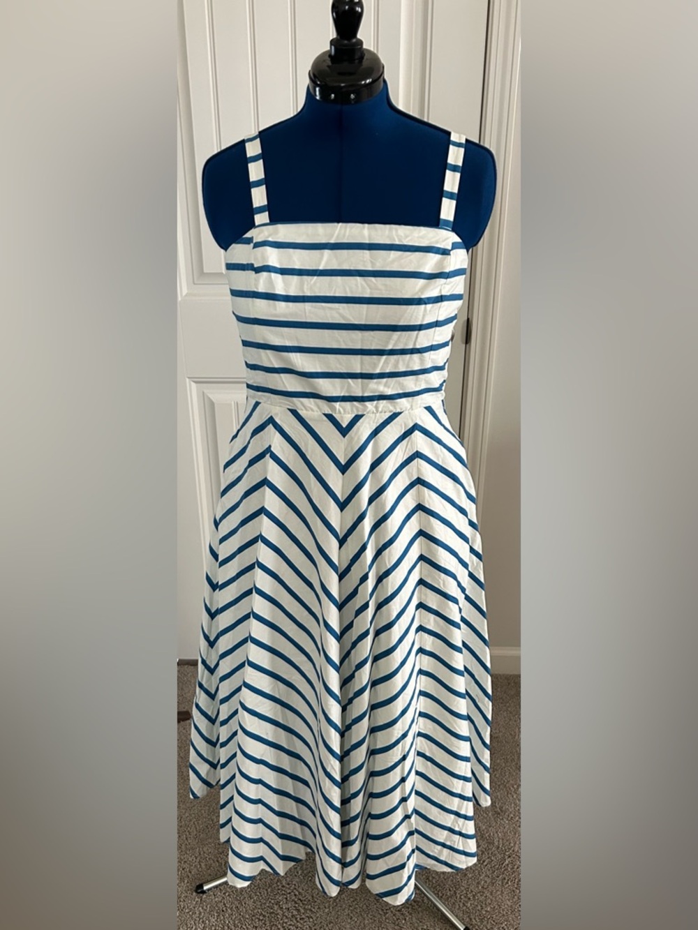 NEW!!  White and Blue Striped Fit-and-Flare Dress